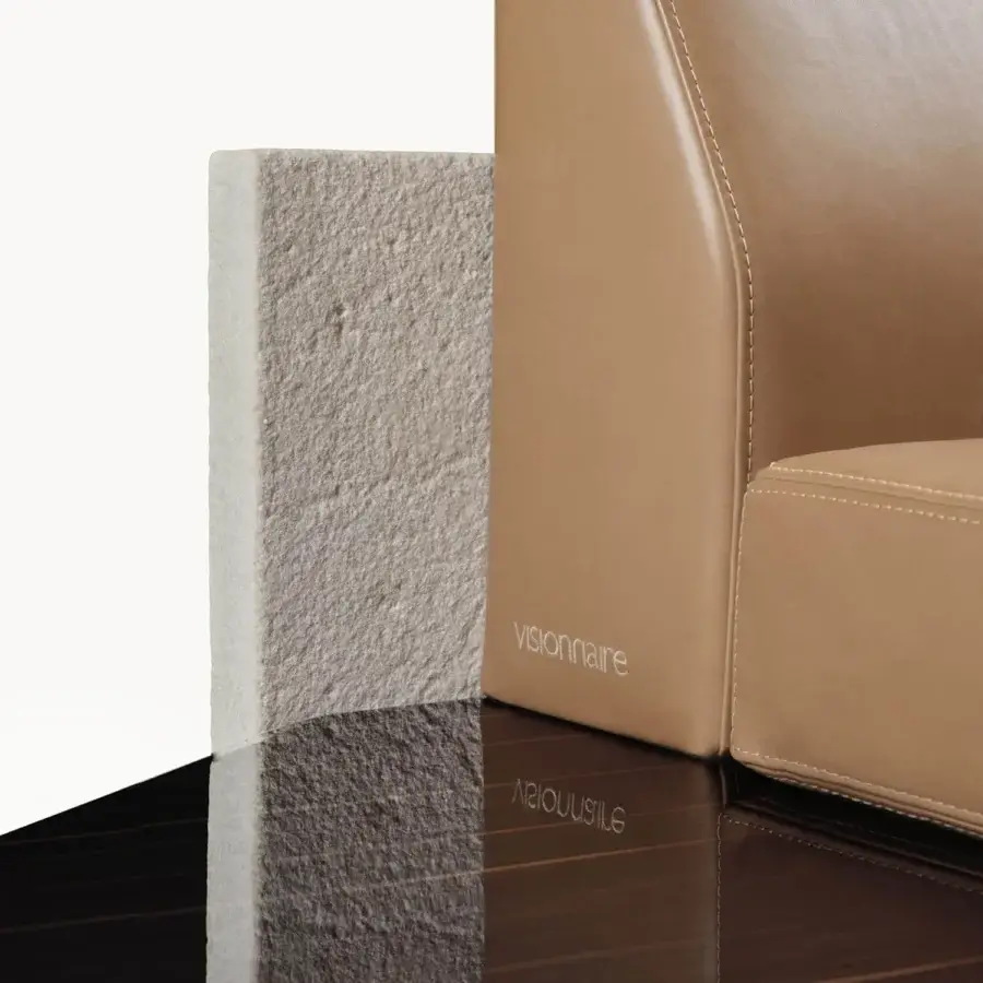 High-end Visionnaire Stealth sofa with beige satin upholstery and high‑gloss lacquered wooden frame