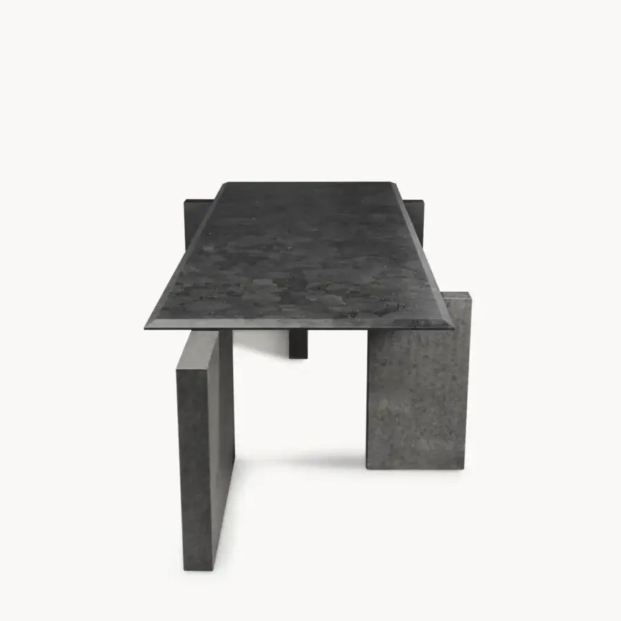 Luxury Visionnaire Axiom table with charcoal grey granite top, textured leather finish, beveled edges, bases, flamed Nero Zimbabwe stone plate