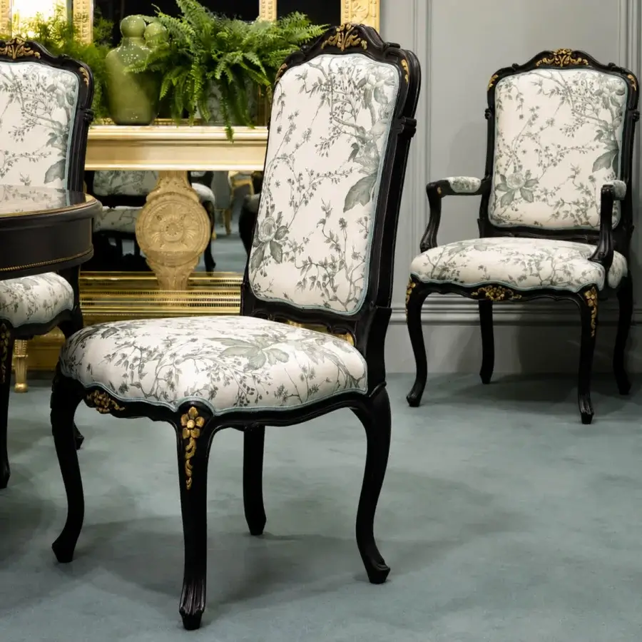 Luxury Bellotti Ezio dining chair with white textile muted green grey floral, black lacquered tempera brush frame, carved backrest cabriole legs gold filigree