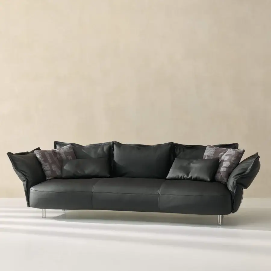 Sumptuous Cierre1972 Nuvola Sofa with Frame in satin black leather and grey-tinted textile plus silver-chromed metal legs