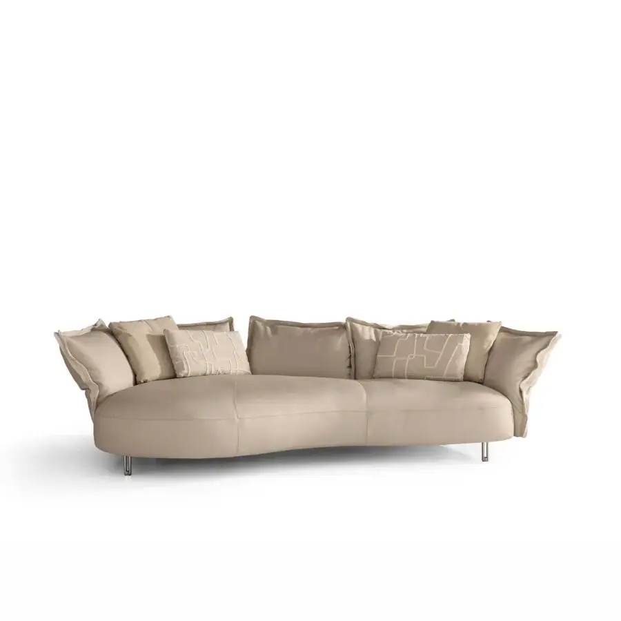 Luxury Cierre1972 Nuvola sofa with frame in smooth beige textile, polished metal armrest plates and thin cylindrical metal legs, low‑profile silhouette with rounded edges and padded base topped with back cushions