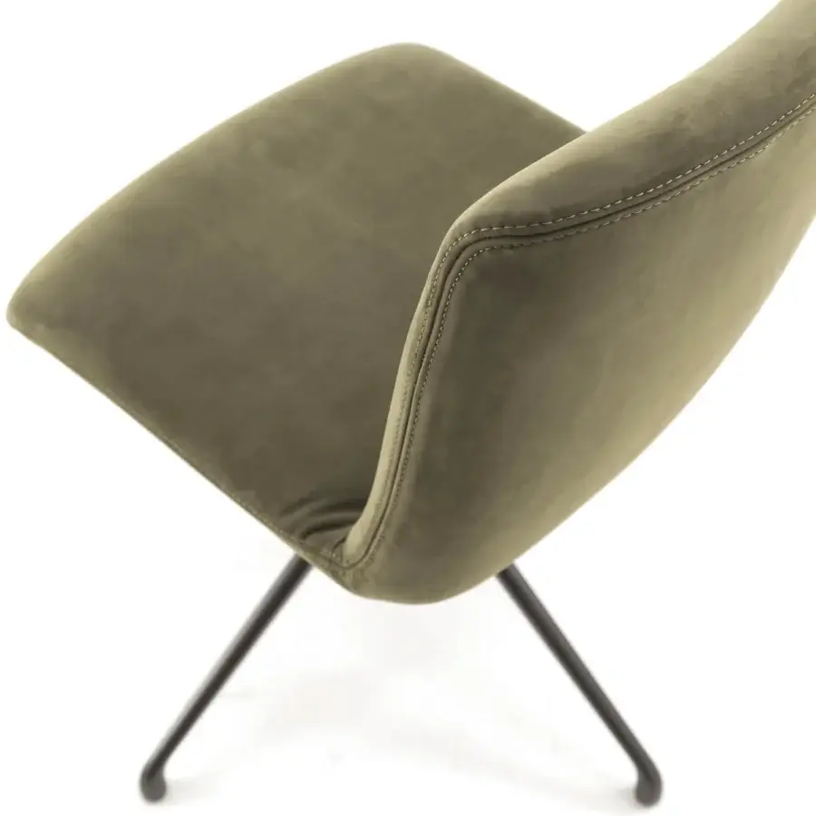 Luxury Riva 1920 Soft Chair with matte olive‑green upholstered seat and back, continuous polyurethane shell, sculptural aluminium star base, thin rounded dark grey legs