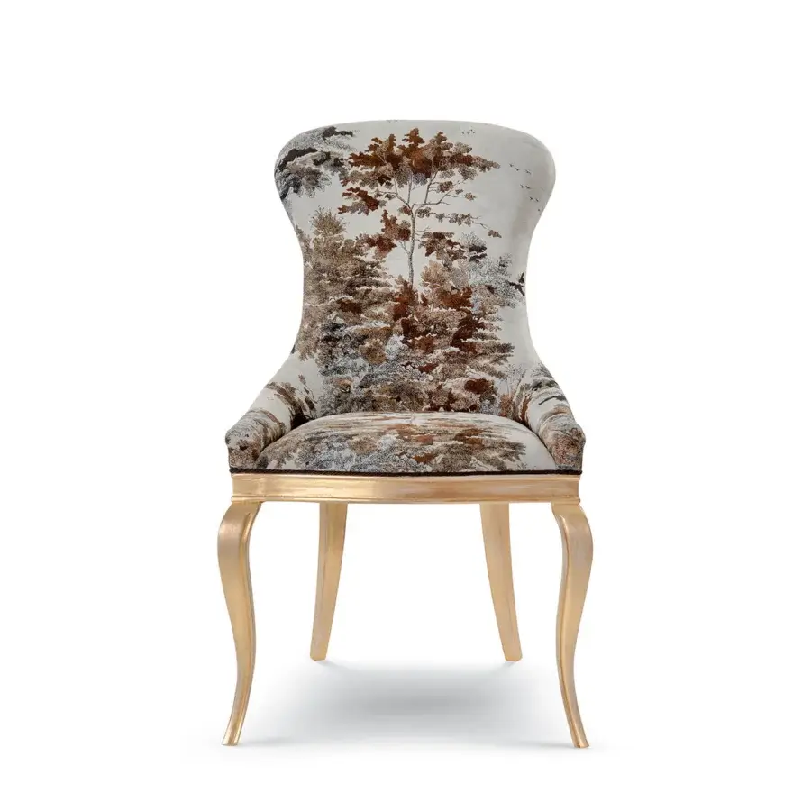 Distinctive Bellotti Ezio 25-1011 dining chair in scenic fabric and white meringue base with OR5 brushed gold leaf finish