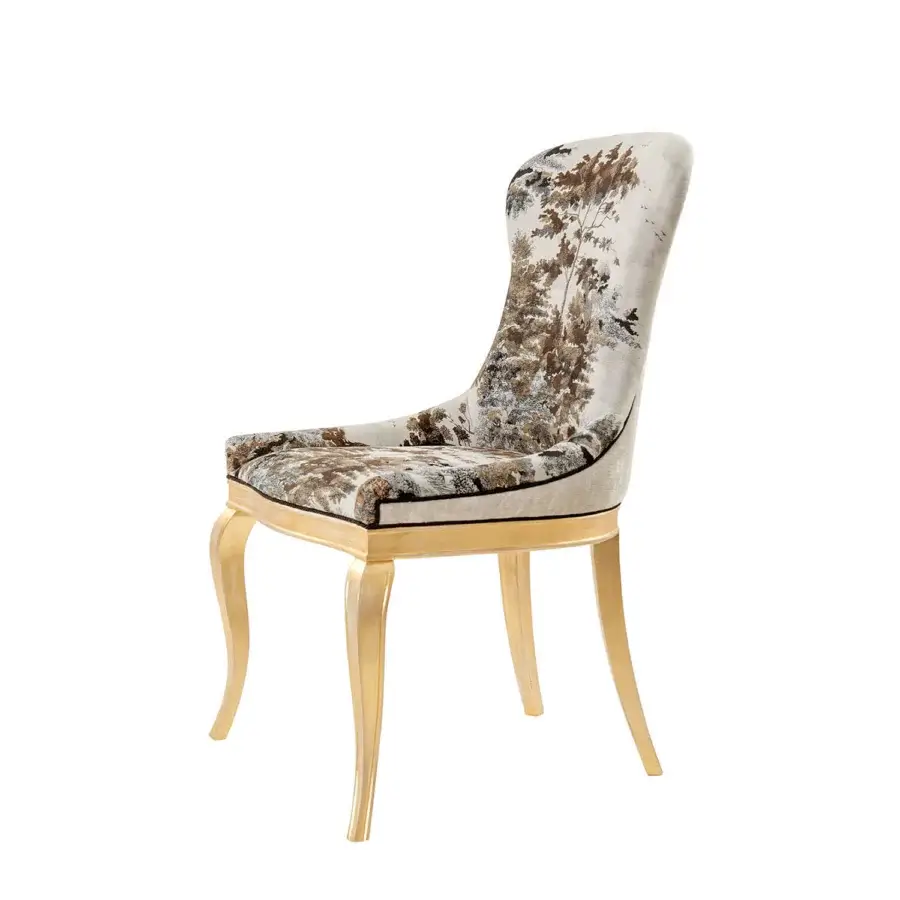 Elegant Bellotti Ezio 25‑1011 dining chair curved backrest cabriole legs light grey‑silver upholstery OR5‑brushed gold leaf frame