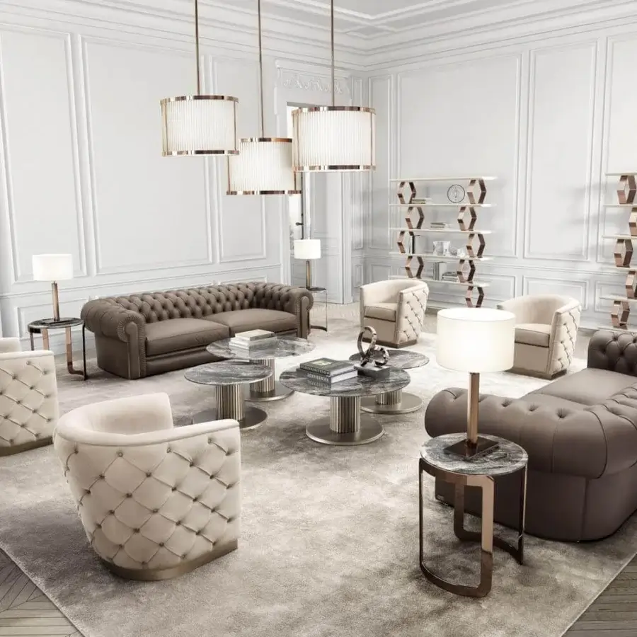 Superior DV Home Collection Deco bookcase presented as a low-profile sofa with muted brown textile upholstery and curved button-tufted design