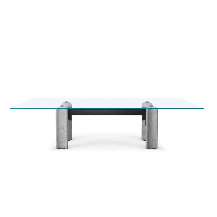 Elegant Cattelan Italia Bilbao Glass Table with transparent glass top, textured cement pillars, dark-grey metal brace, finish