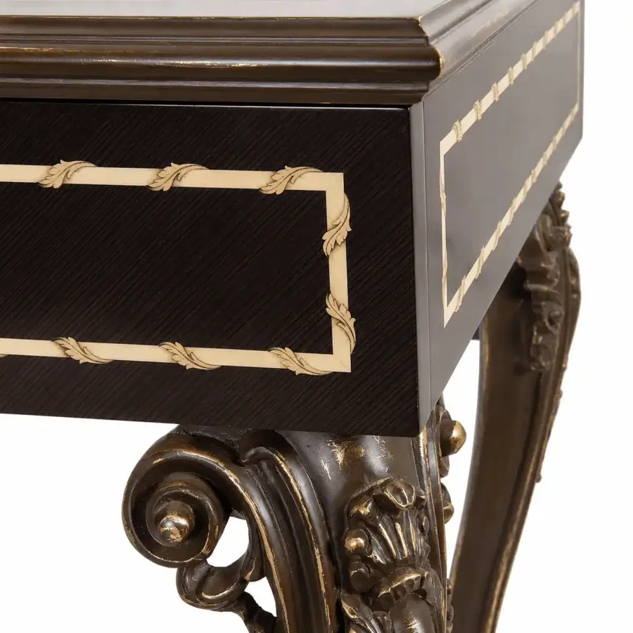 Luxury Bellotti Ezio 25‑1024 desk with brown LAM1 lacquered pine top, leather insert, maple and pearwood inlays, gold leaf base