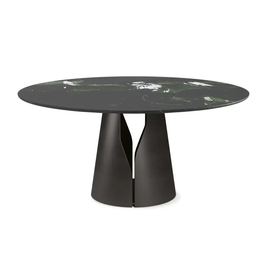 Elegant Giano Marble Table in Lepanto marble finish with dark green‑black surface on graphite steel split‑pedestal base