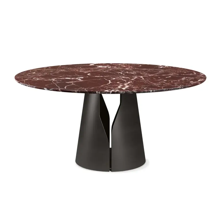 Refined Cattelan Italia Giano Marble Table with deep reddish‑brown Lepanto top, white‑grey veining, matte black pedestal