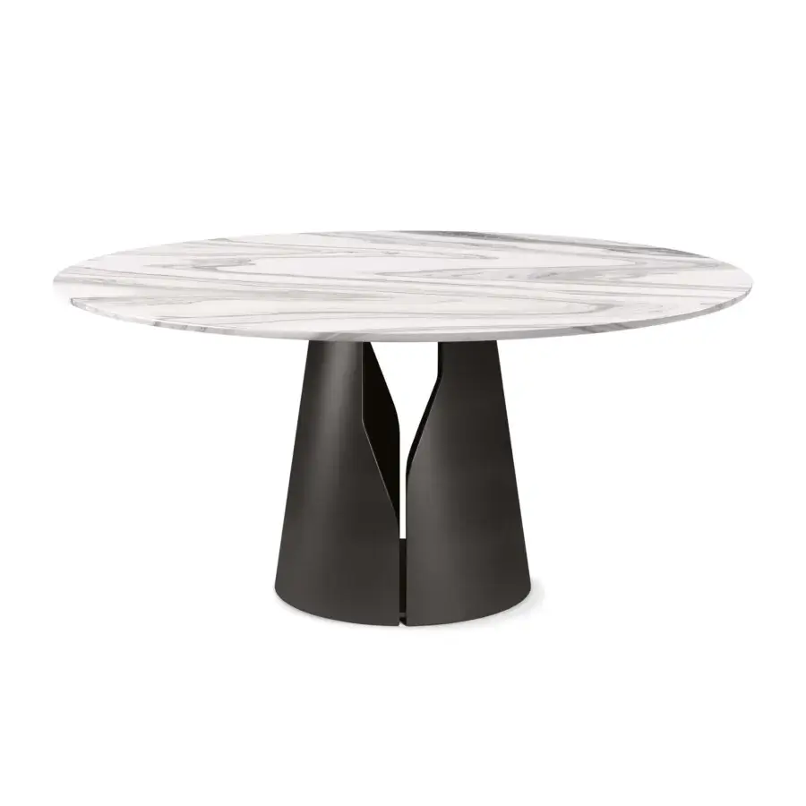 Elegant Giano Marble Table with glossy white marble top veined grey and matte black lacquered steel base