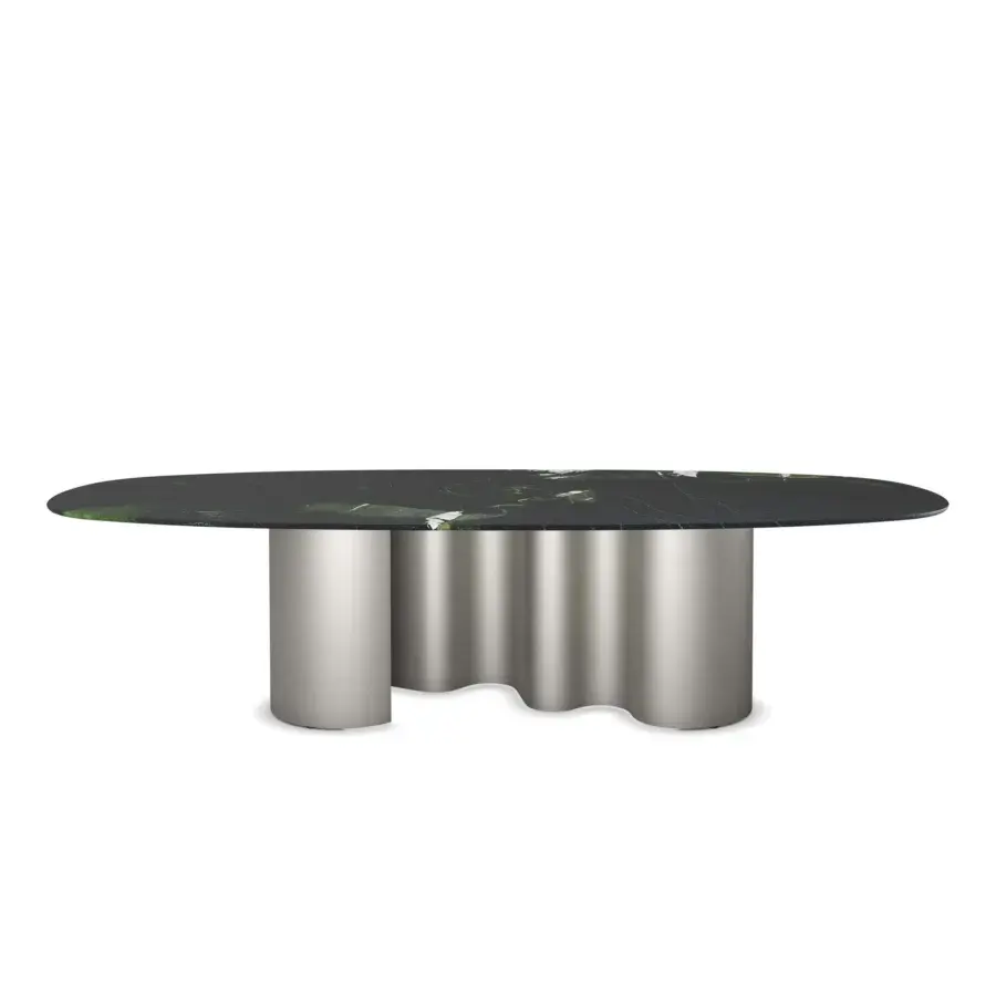 Elegant Cattelan Italia Papel Marble Table with dark veined marble top, green white accents and polished silver metal base