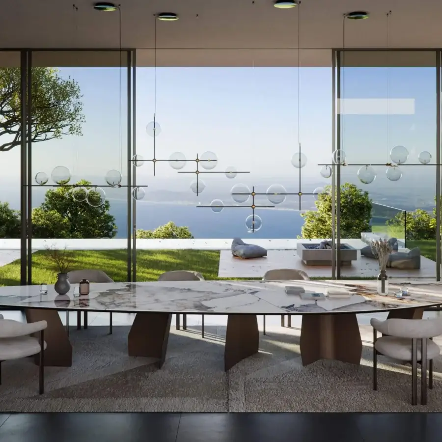 Luxury Cattelan Italia Senator Keramik Magnum table marble ceramic top grey brown amber base, legs; beige chair metal legs