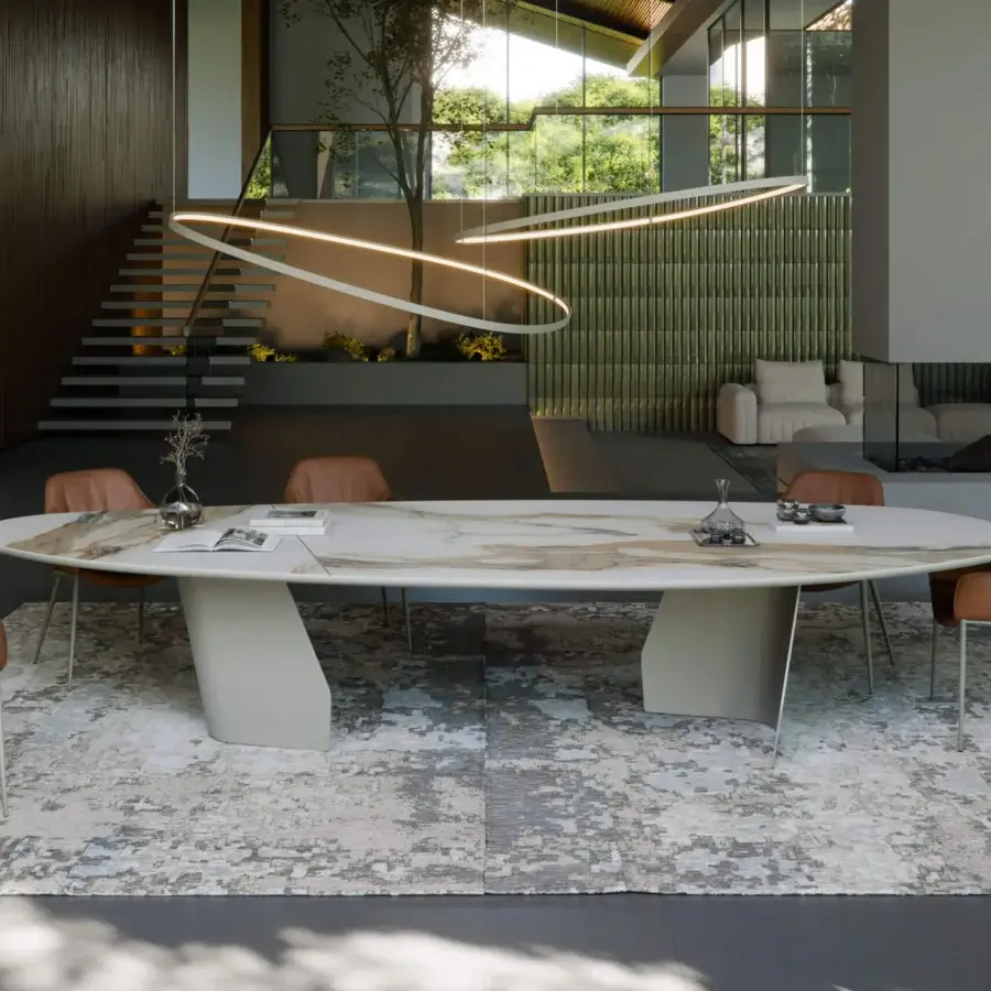 Elegant Cattelan Italia Senator Keramik Magnum table with marble‑effect ceramic top in off‑white and gold veining and grey base