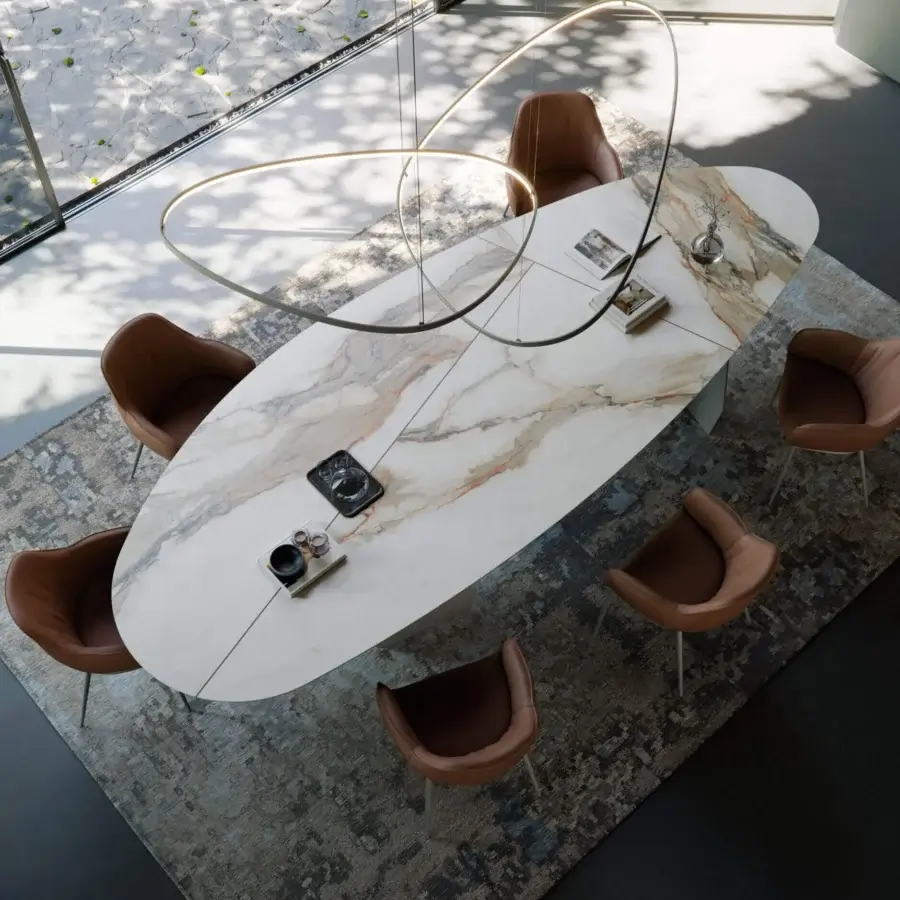 Exquisite Cattelan Italia Senator Keramik Magnum oval table with glossy white-cream marble-effect ceramic and refined metal base