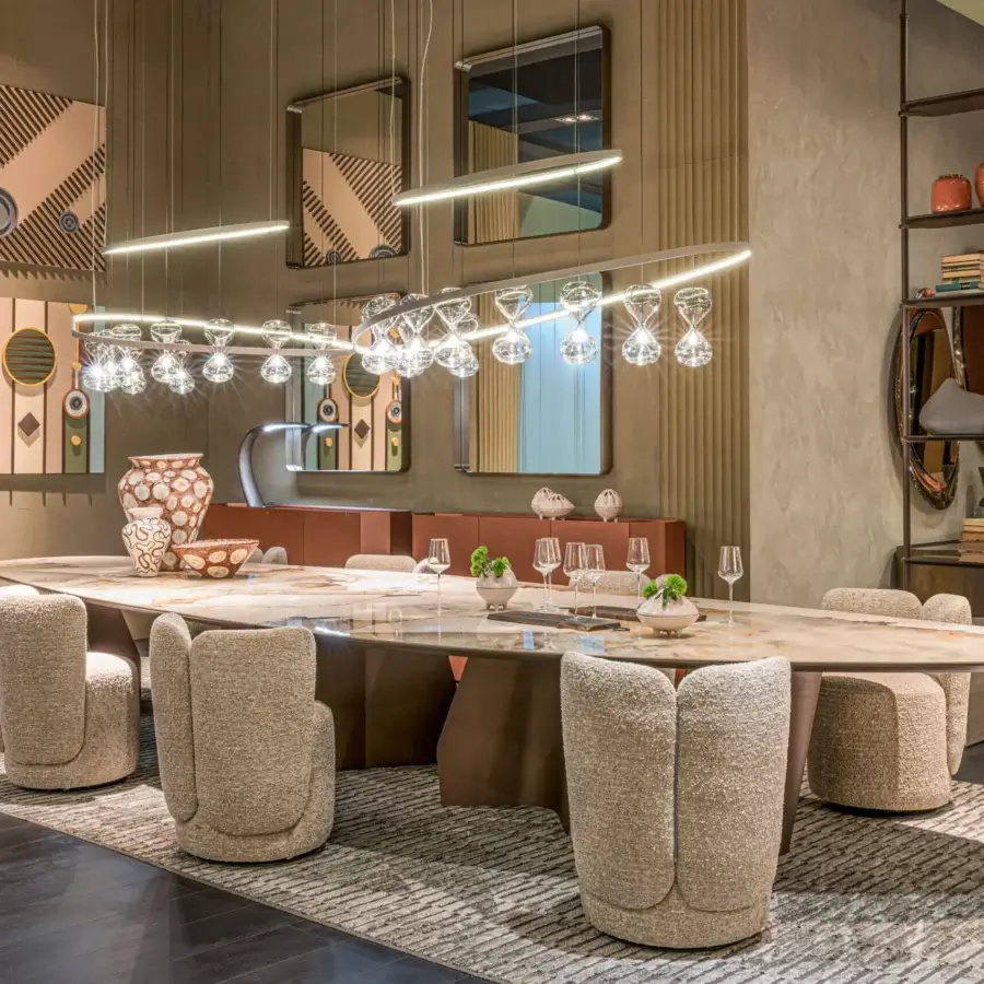 Refined oval Cattelan Italia Senator Keramik Magnum table in beige polished ceramic with ochre veins and matte brown base