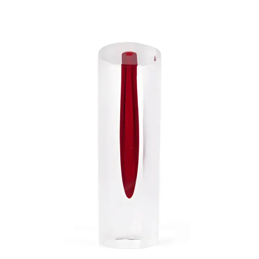 Luxury Wave Murano Glass vase with clear outer shell and deep red teardrop core, glossy and matte satin bands, diagonal cut top