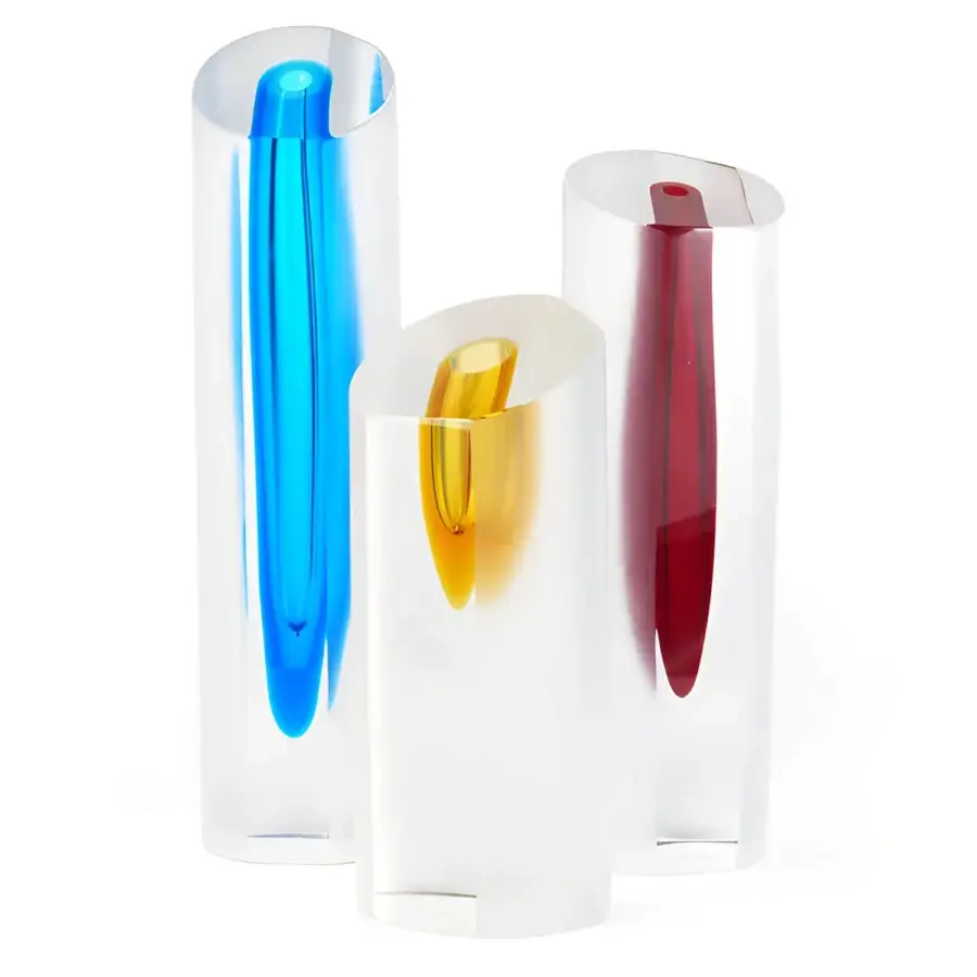 Luxury Skyline Murano Vase set by Wave Murano Glass with matte satin-shell plus glossy blue yellow red cores diagonal cut