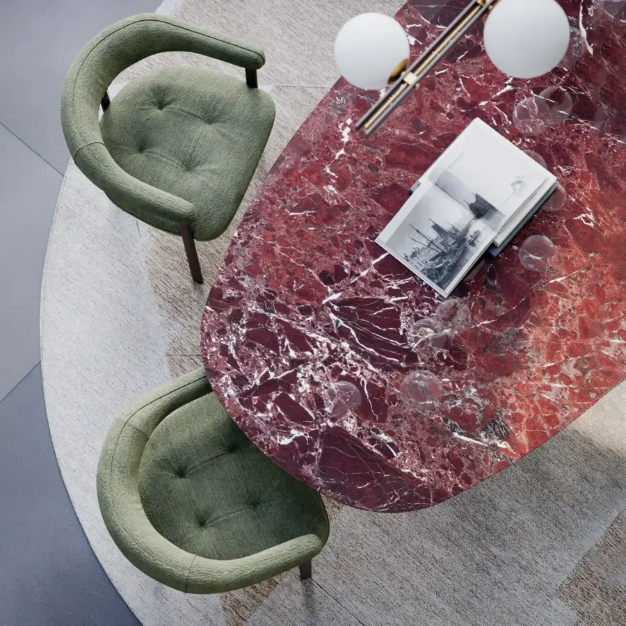 Sophisticated Cattelan Italia Skorpio Marble table in deep red-burgundy hue with a geometric steel base and polished finish