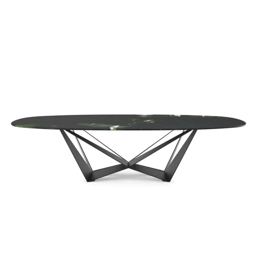 Luxury Cattelan Italia Skorpio table with polished black glossy marble top and matte dark-gray geometric steel base