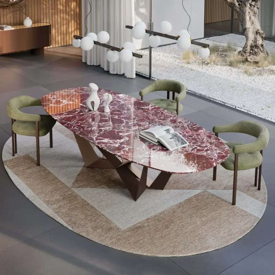 Elegant Cattelan Italia Skorpio table with burgundy marble top veined white cream and matte dark bronze steel base