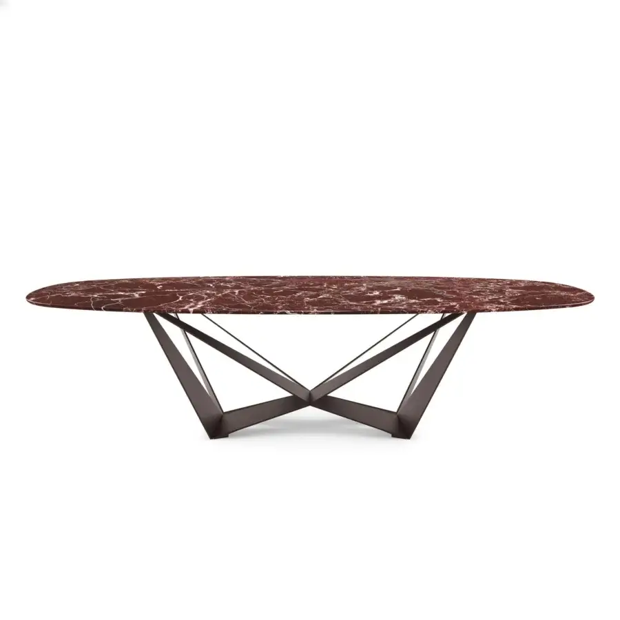 Exquisite Cattelan Italia Skorpio table with white veined polished burgundy red marble top and matte dark brown steel base
