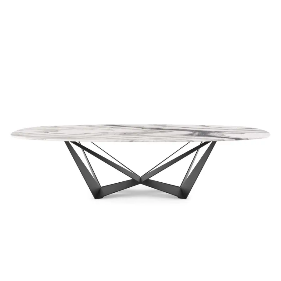 Luxury Cattelan Italia Skorpio round table with polished natural marble top veined white grey and matte black sculptural steel base creating architectural silhouette