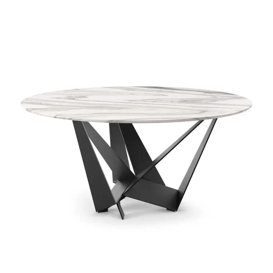 Luxury Cattelan Italia Skorpio table with white steel‑grey veining marble top and matte black steel base