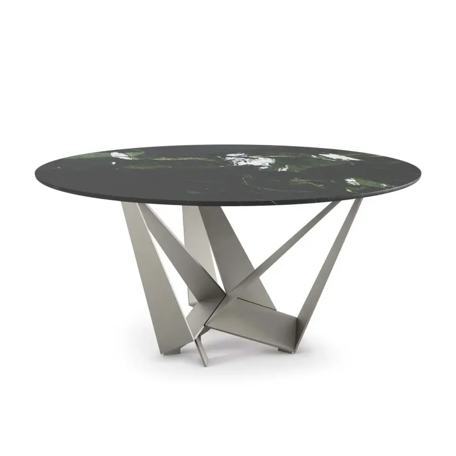 Premium Cattelan Italia Skorpio round table with natural marble top, matte charcoal steel base, green and white veining
