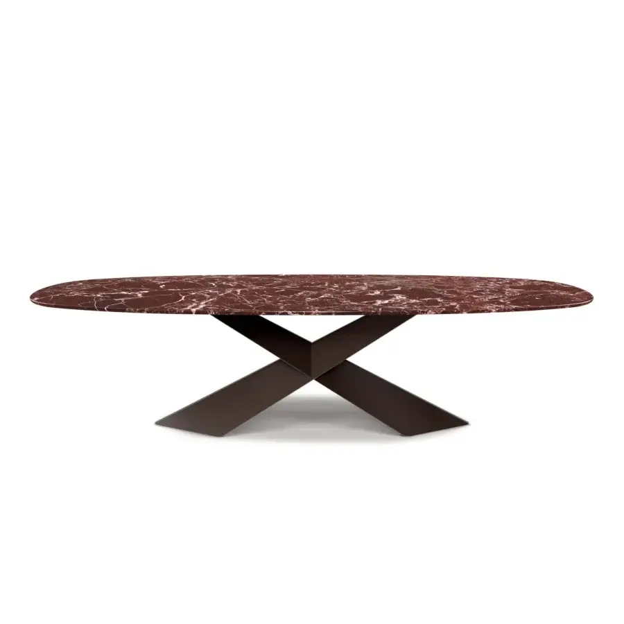 Elite Tyron Marble Table with polished Lepanto top in deep reddish-brown and bronze X-shaped steel base