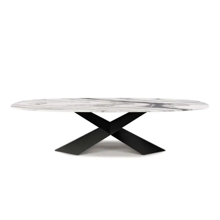 Elegant Cattelan Italia Tyron Marble Table with circular Onda Grigia marble top featuring striking grey and black veining and a sculptural steel base in black embossed lacquered finish forming a bold X-shape
