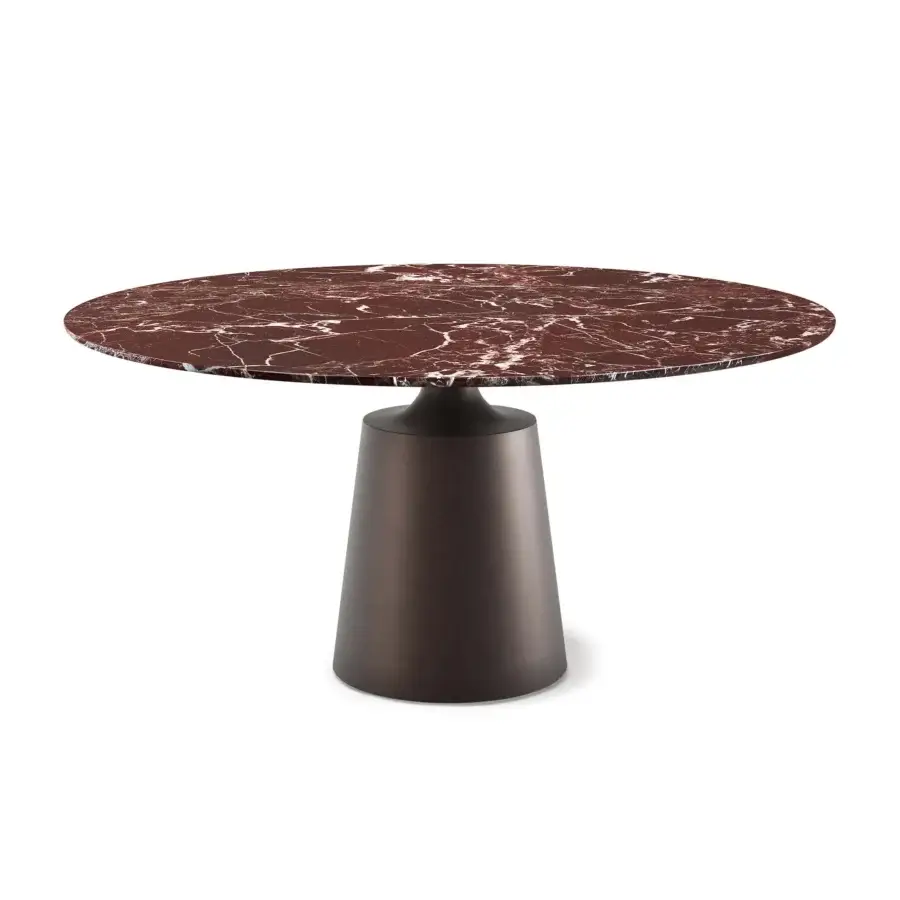 Elegant Cattelan Italia Yoda Marble Table with glossy burgundy‑veined glass top and matte dark bronze metal pedestal
