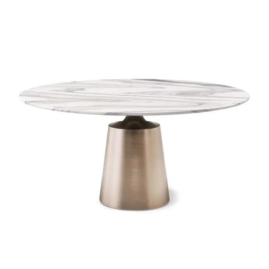 Elegant Cattelan Italia Yoda Marble Table with polished white marble top veined gray and satin-brushed bronze pedestal