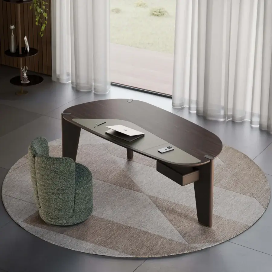 Elegant coffee table with dark espresso wood frame and matte satin finish and muted gray‑green frosted glass inset