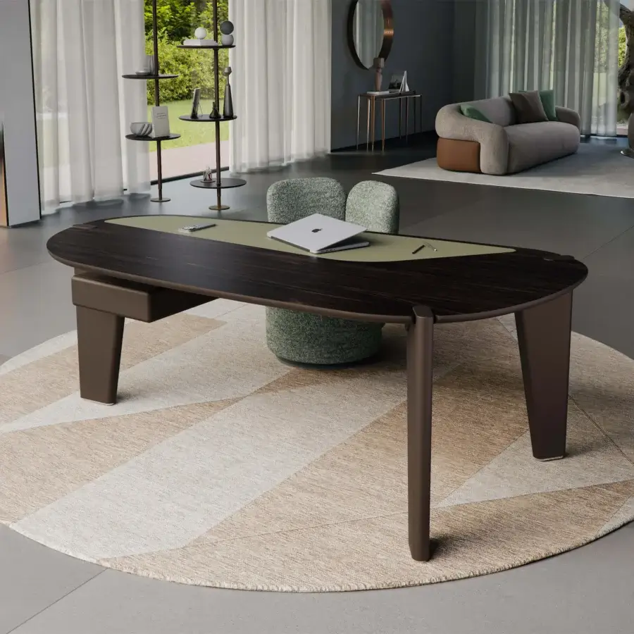 Luxury Cattelan Italia Boston Desk with dark-toned wood top satin finish, light synthetic inset, matte bronze legs, oval