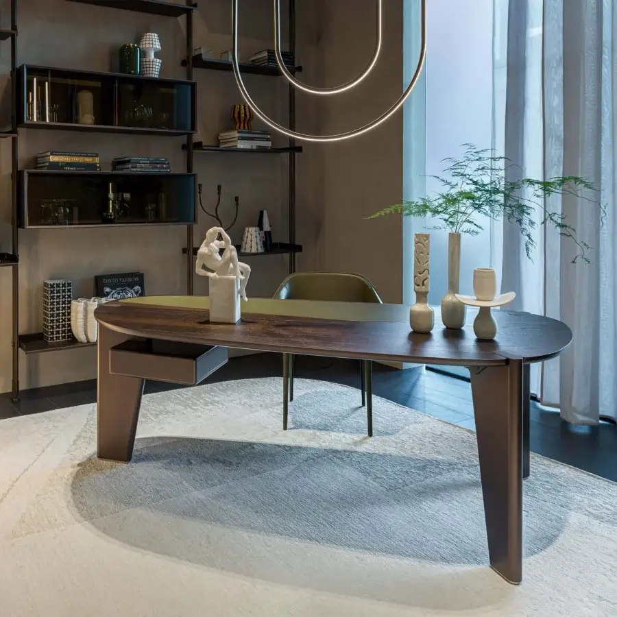 Luxury Cattelan Italia Boston Desk with premium natural marble tabletop and matte metal base, dark brown and bronze legs