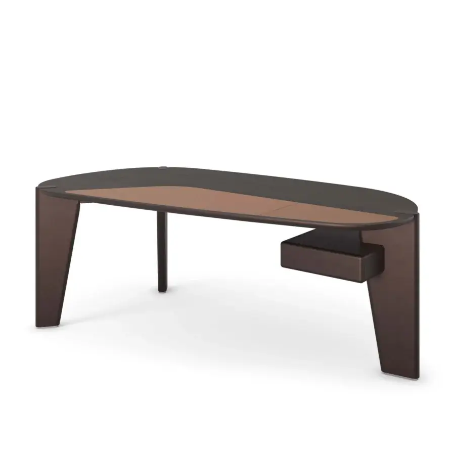 Elegant Cattelan Italia Boston Desk with dark-toned wood tabletop, leather-like inlay, brown upholstered accents and matte finish