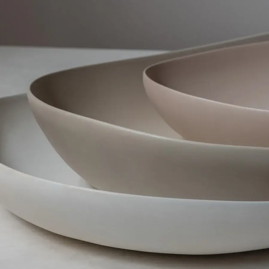 Elegant Rina Menardi Conche Centerpiece set of baked clay bowls in off‑white, taupe beige, dusty rose with matte satin finish