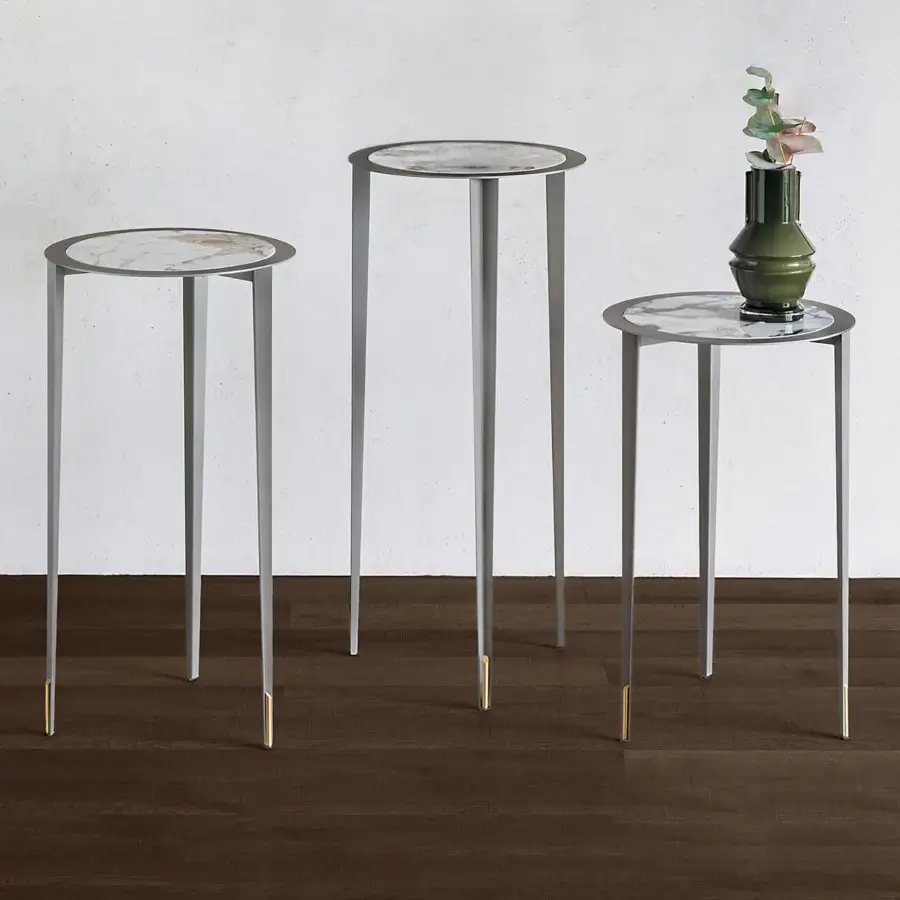 Luxury Brio Keramik Console by Cattelan Italia trio table with white-grey marble top and matte metal legs accented with gold‑toned feet