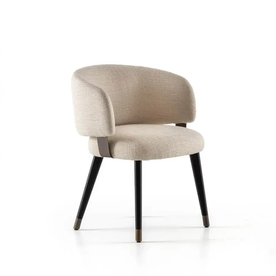 Prestige Rugiano Charlotte armchair upholstered in beige‑taupe textile with dark brown metal legs bronze caps curved shell