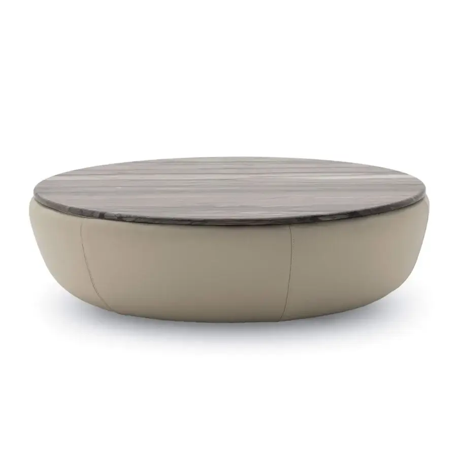 Elegant Ditre Italia deck coffee table with polished marble‑look top veining and greige leather‑like upholstered base on fir wood frame