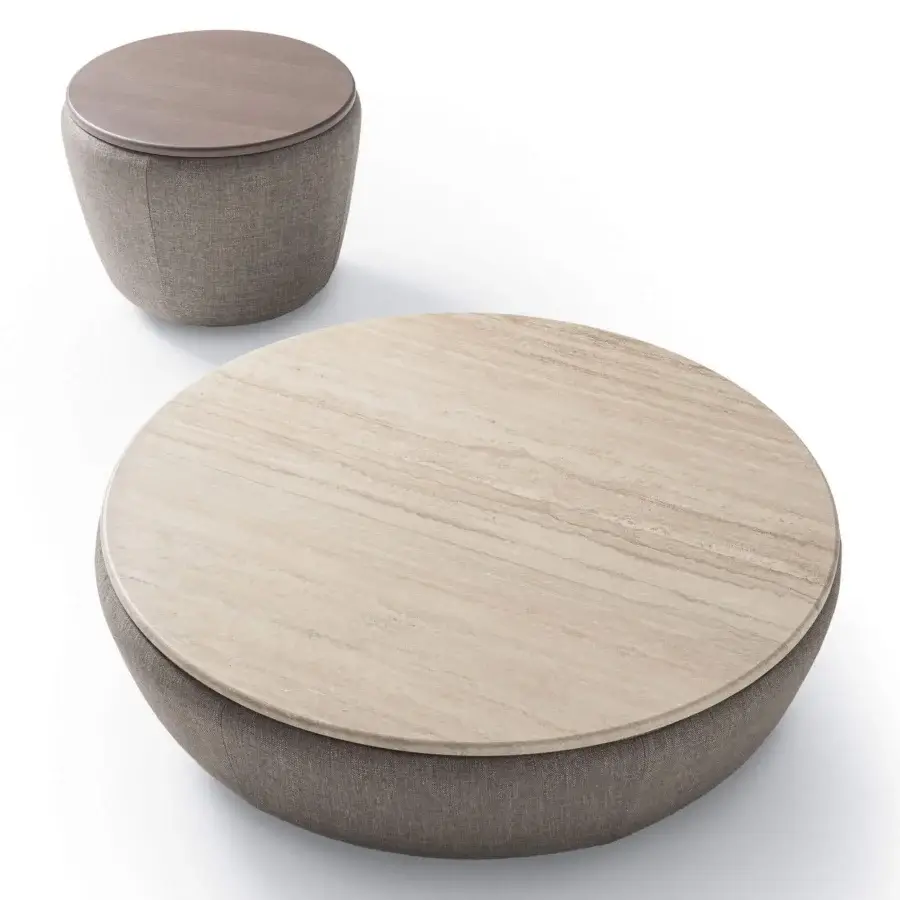 Luxury Ditre Italia Deck coffee table with smooth matte marble‑like top veined in light beige on textured taupe‑grey upholstered base