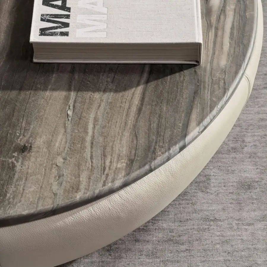 Elegant Ditre Italia Deck coffee table with veined grey‑taupe MDF top and soft off‑white textile base