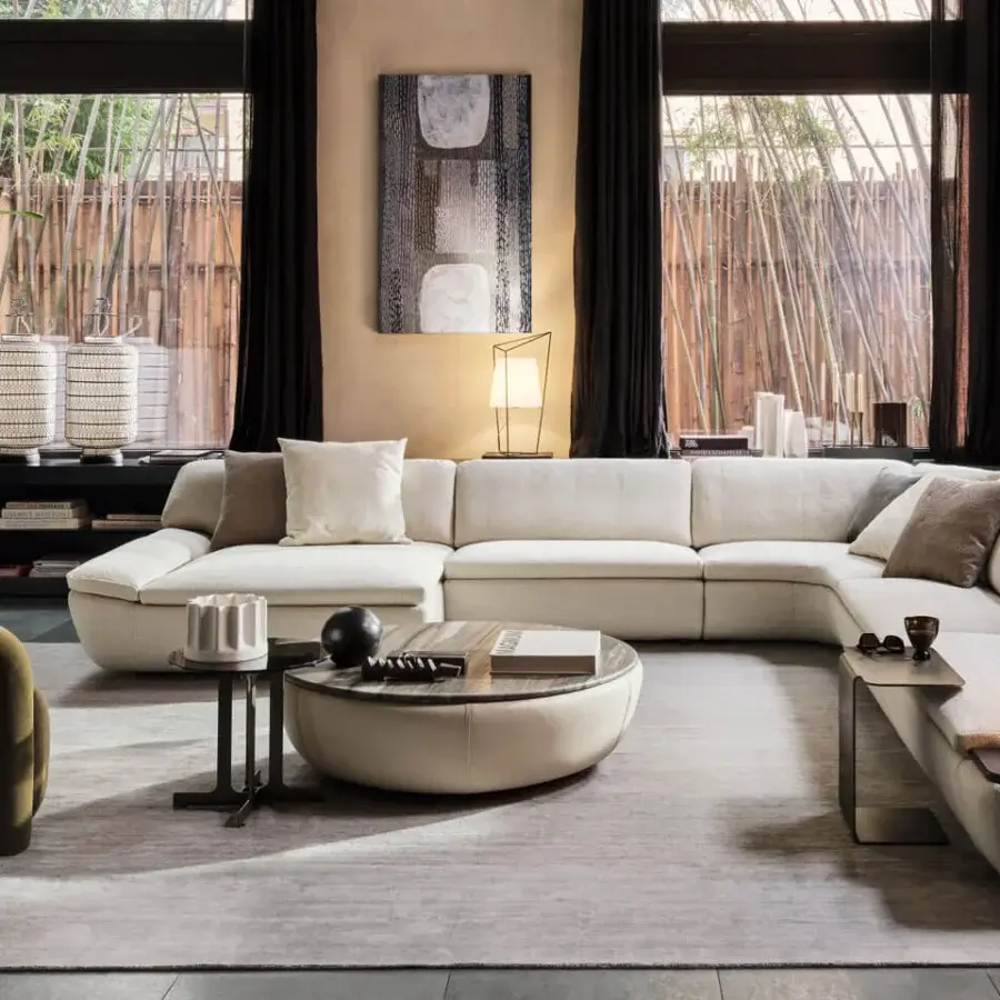 Premium Ditre Italia Deck coffee table curved cylindrical lines cream‑toned upholstered base dark matte round tabletop