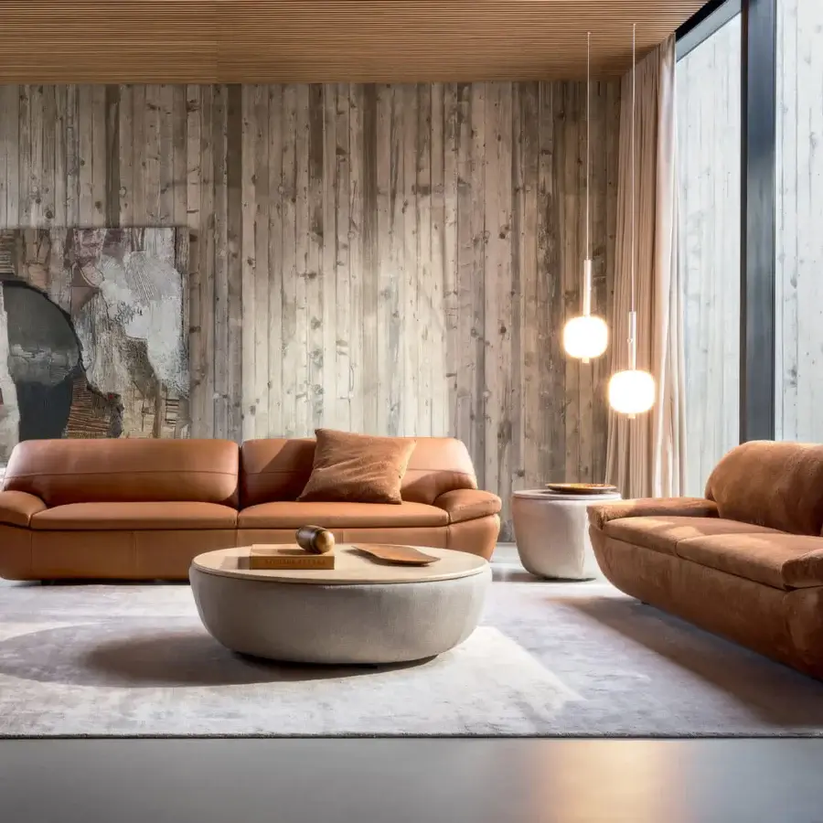 Luxury Ditre Italia Deck coffee table with solid fir framework, smooth‑finished MDF top, textured textile cylinder base, mid‑tone brown wood surface on light grey off‑white upholstered support, contrasting warm timber and neutral fabric, fluid curved lines, low wide silhouette