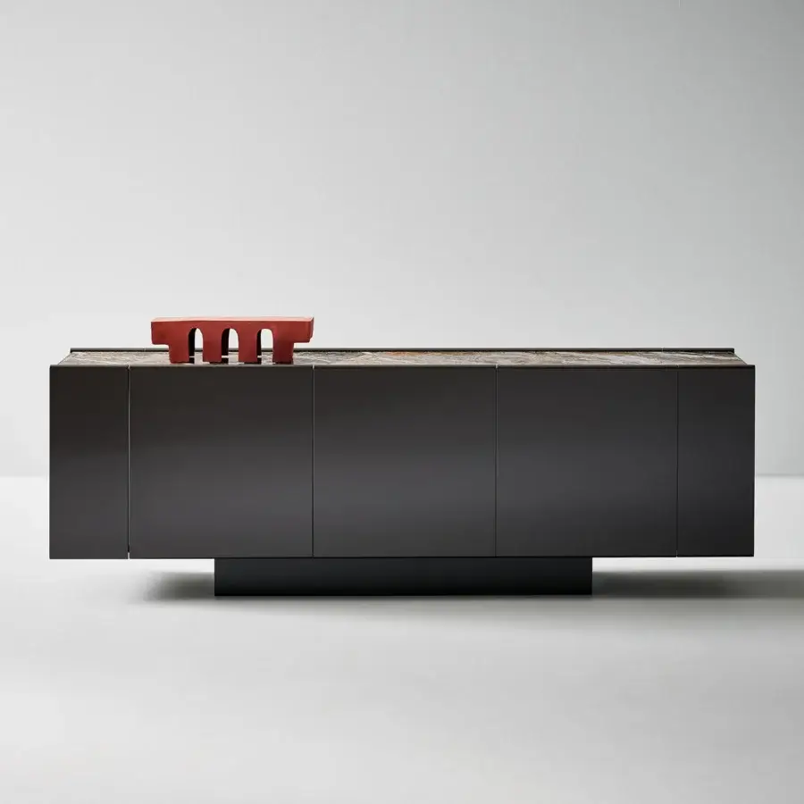 Luxury Bonaldo Spy sideboard with lacquered wooden panels, ceramic top, deep‑black surfaces, angular lines recessed plinth