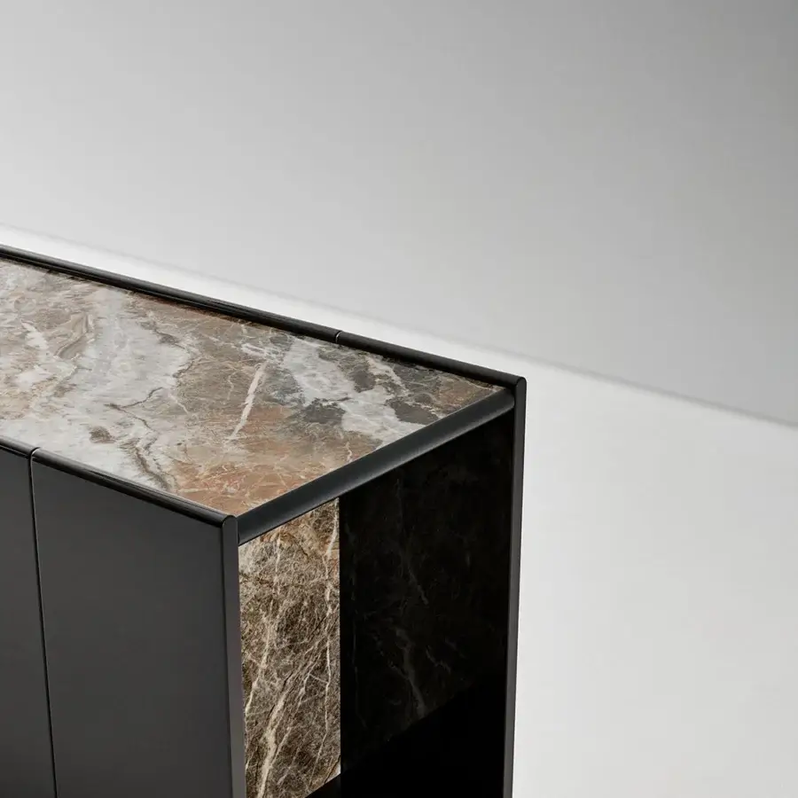 Luxury Bonaldo Spy sideboard with glossy black frame and stone‑like ceramic top and sides, polished high‑sheen glaze