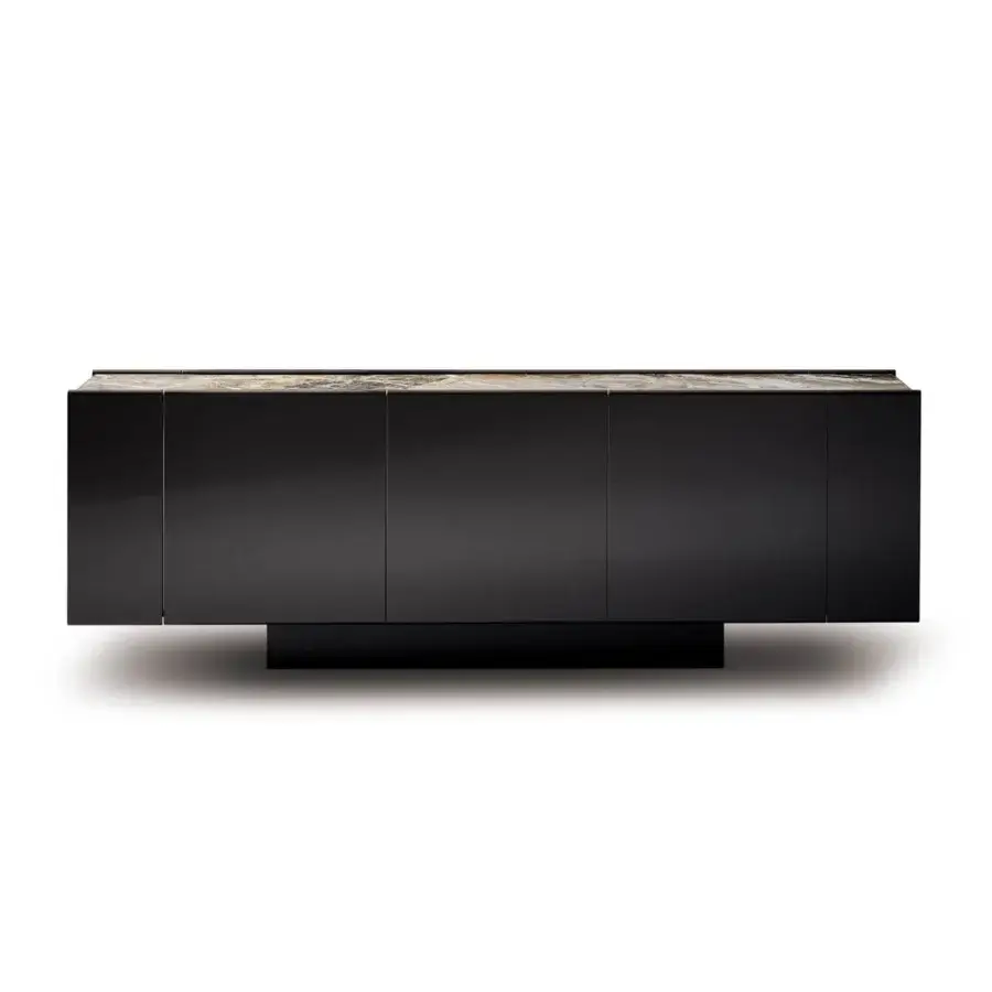 Premium Bonaldo Spy sideboard lacquered wood glossy black frame and natural stone slab top veined browns creams blacks