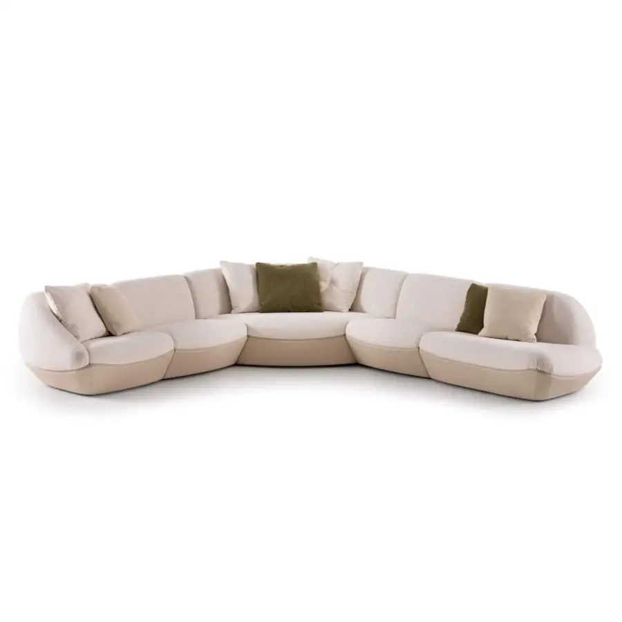 Elite Rugiano Iside sectional with light cream upper, beige base, olive‑green cushions and bronzed brass accents
