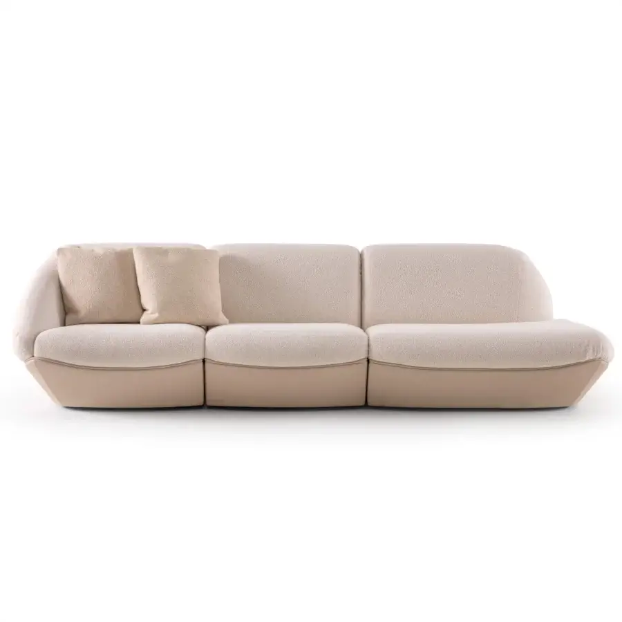 Luxury Rugiano Iside sectional with light cream textured upholstery, matte taupe base, and bronzed brass accents