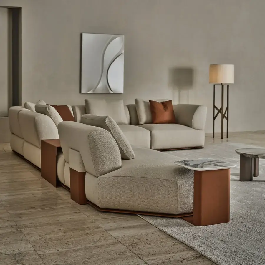 Exquisite Rugiano Hatton sectional with low-profile modular silhouette in textured greige textile, matte brown leather and white marble